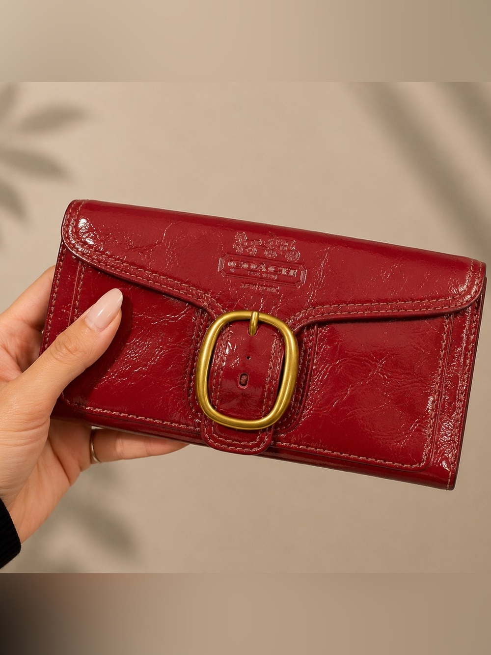 Coach Bleecker Crimson Red Patent Leather  Wallet w/Tattersall plaid fabric